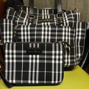 White elm back plaid Gemini mini tote with backpack straps with matching clutch